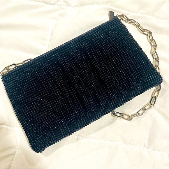 Vintage Black Beaded Evening Bag Silver Chain Zip Closure La Regale EUC - Picture 5 of 11